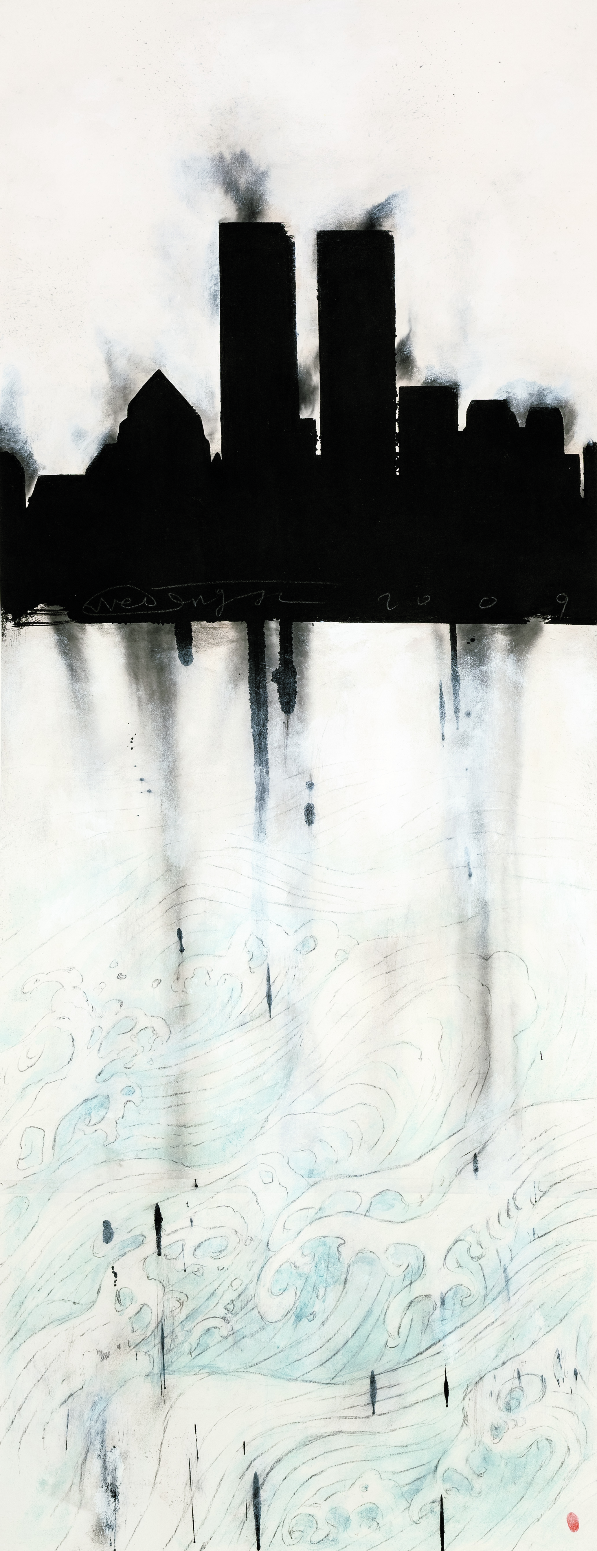 Wei Qingji   Mirage-Twin towers   2009   Ink and mixed media on rice paper   180x70cm