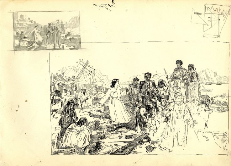 Esquisse of 'In North Korea', 1951, Pencil, pen on paper, 28.7×40cm