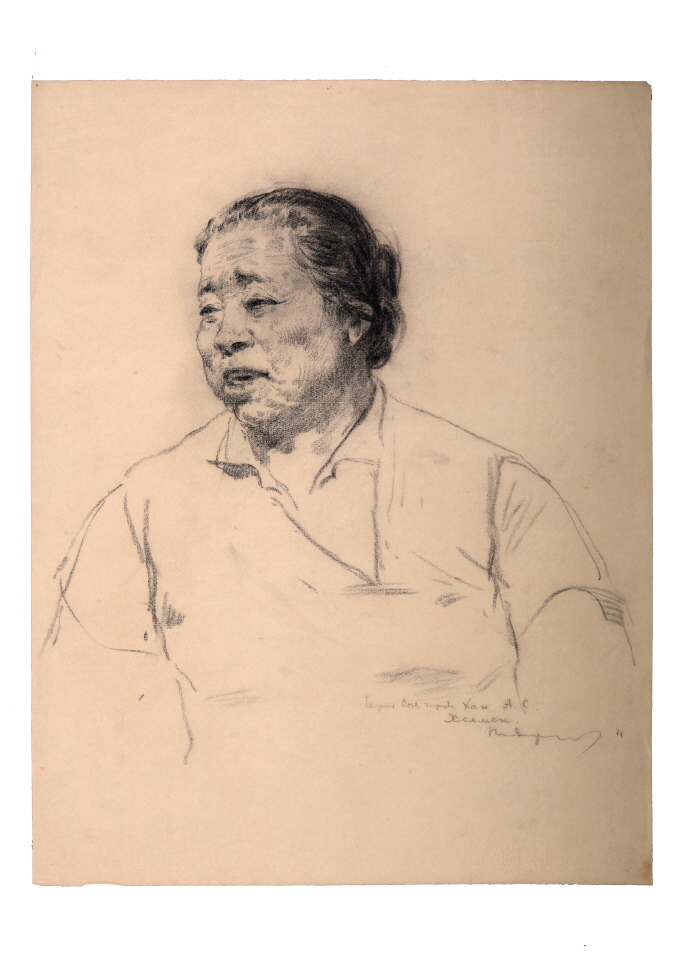 Fisherwoman Hanshura, Kholmsk, 1968, Charcoal on paper, 65×50cm