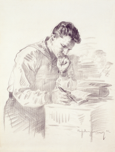 Naval Soldier Holding a Book, 1960, Charcoal on paper, 63.5×48cm