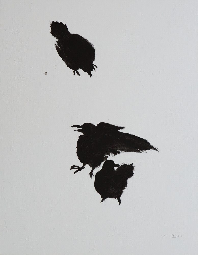 Crows on Snow, 2018, Acrylic and black ink on canvas, 116.5×91cm