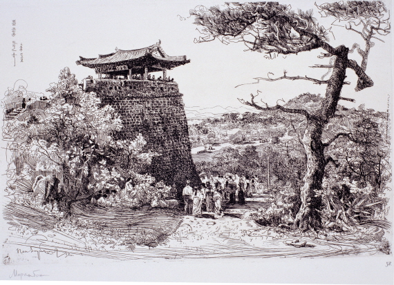 Pyongyang Moranbong Eulmildae, 1958, Etching, 23.4×35cm