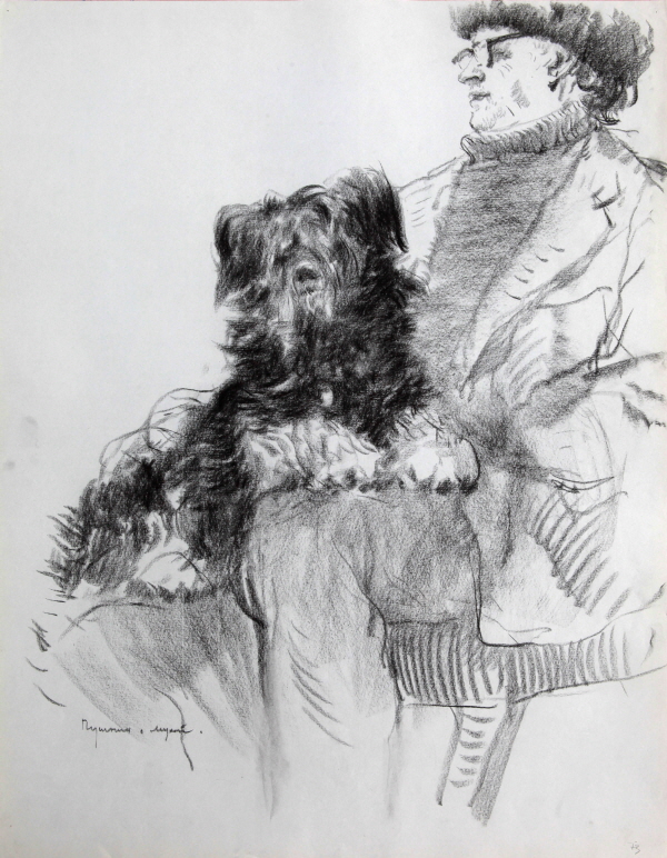 A. T. Pushnin with the Dog 'Muha', 1973, Charcoal on paper, 63.5×49cm