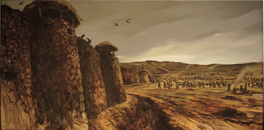 Constructing the Wall, 1991, Acrylic on canvas, 97x193.7cm