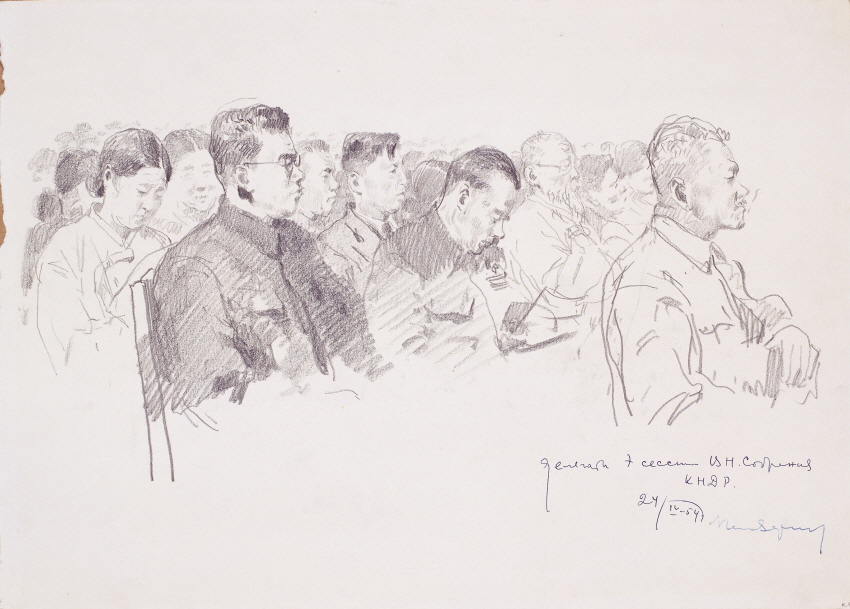 Delegates of the 7th Supreme People's Assembly, 1953, Pencil on paper, 28.8×40.5cm