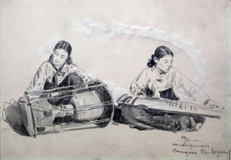 Women Playing Folk Instruments, 1954, Pencil on paper, 20×28.8cm