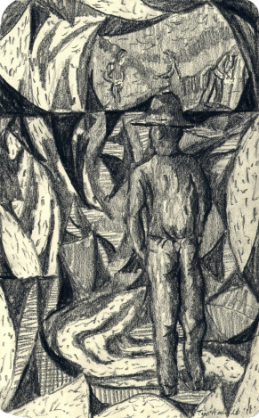 Tom Anholt, Man Mining (Study), 2018, Pencil on Paper, 20 x 12.5cm