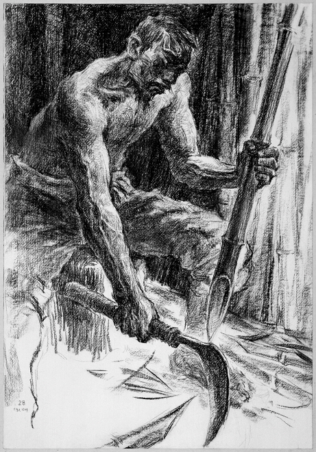 Making Bamboo Spears, 1991, Charcoal on paper, 76x52cm