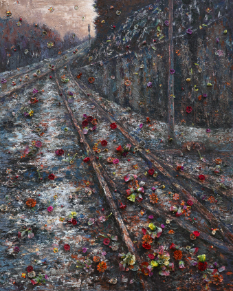 The Train Whistle, 2013, Oil, articial owers on canvas, 227.3x181.8cm