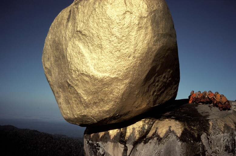 The Golden Rock at the Buddhist holy place, Kyaiktiyo, MIYANMAR, 1978, Dye-transfer, 14 9/16x21 3/4 inches