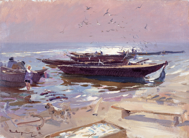 Fishermen Working on the Fishing Boat, 1977, Oil on canvas panel, 50.3×68.8cm