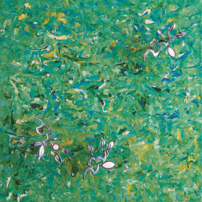 Little flower, 2019, Ottchil (Korean iacquer), hemp cloth, mother-of-pearl, pearl, silver on wood, 20x20cm
