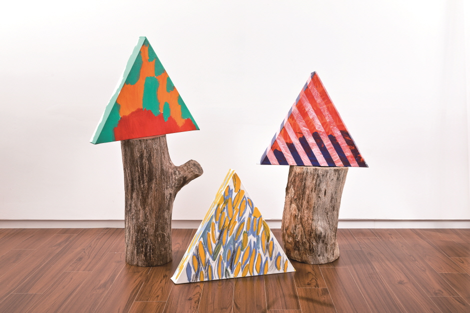 NICEBODY, 2014/20, Acrylic, graphite on canvas, round timbers, Dimensions variable