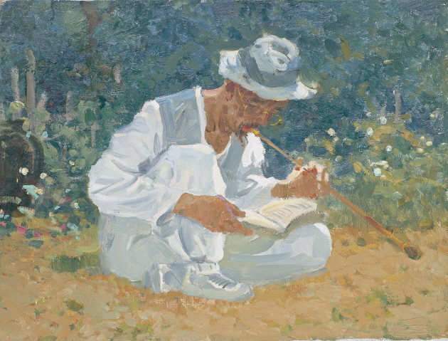 Old Man Reading While Holding a Tobacco Pipe, 1987, Oil on canvas, 45×59.5cm