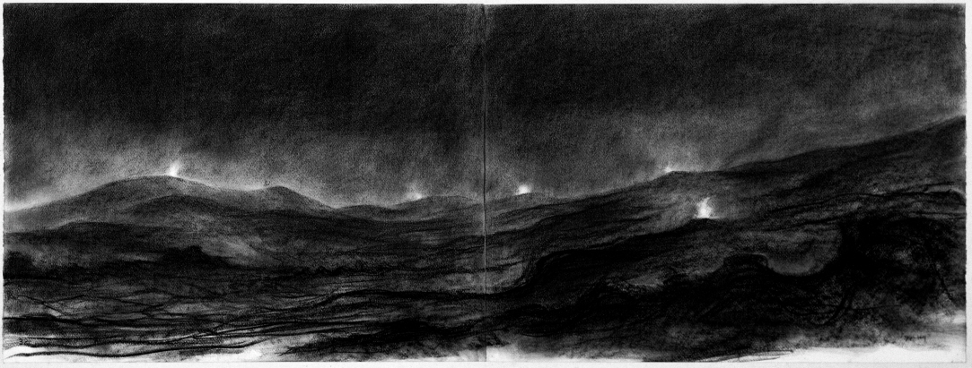 Signal Fires, 1991, Charcoal on paper, 50x130.6cm