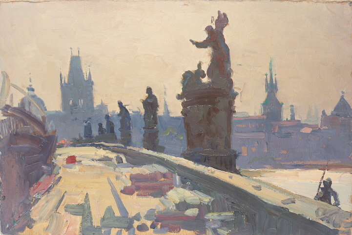 On the Charles Bridge (Prague), 1972, Oil on panel, 25×36.5cm