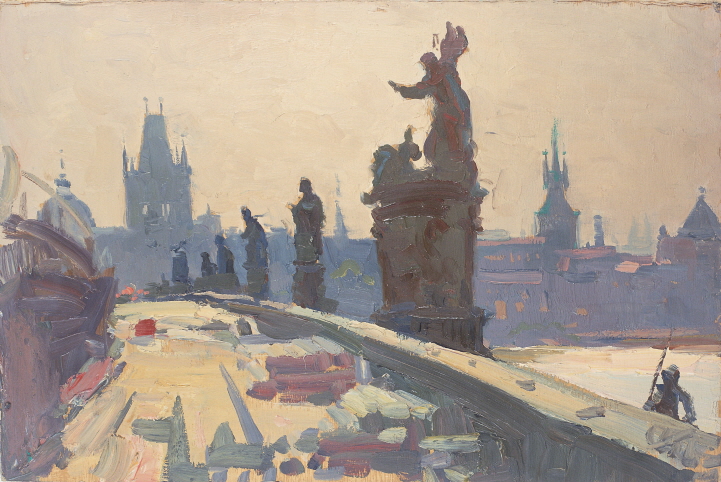 On the Charles Bridge (Prague), 1972, Oil on panel, 25×36.5cm