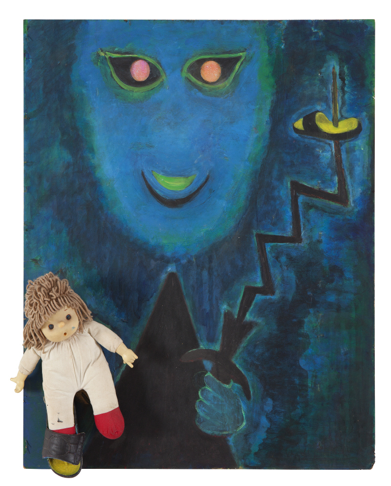 Ghost, 2000, Acrylic, a panel, a doll and slippers on canvas, 78x68.3cm