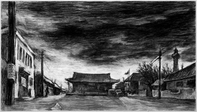 The Plaza on the General Strike, 1991, Charcoal on paper, 43.5x77.8cm