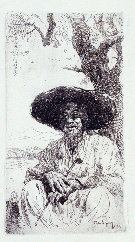 North Korean Farmer Wearing a Broad-brimmed Hat, 1958, Etching, 18.4×10.4cm