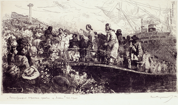 North Korea Welcomes the Return of the Korean Residents in Japan, 1960, Etching, 34.5×64cm