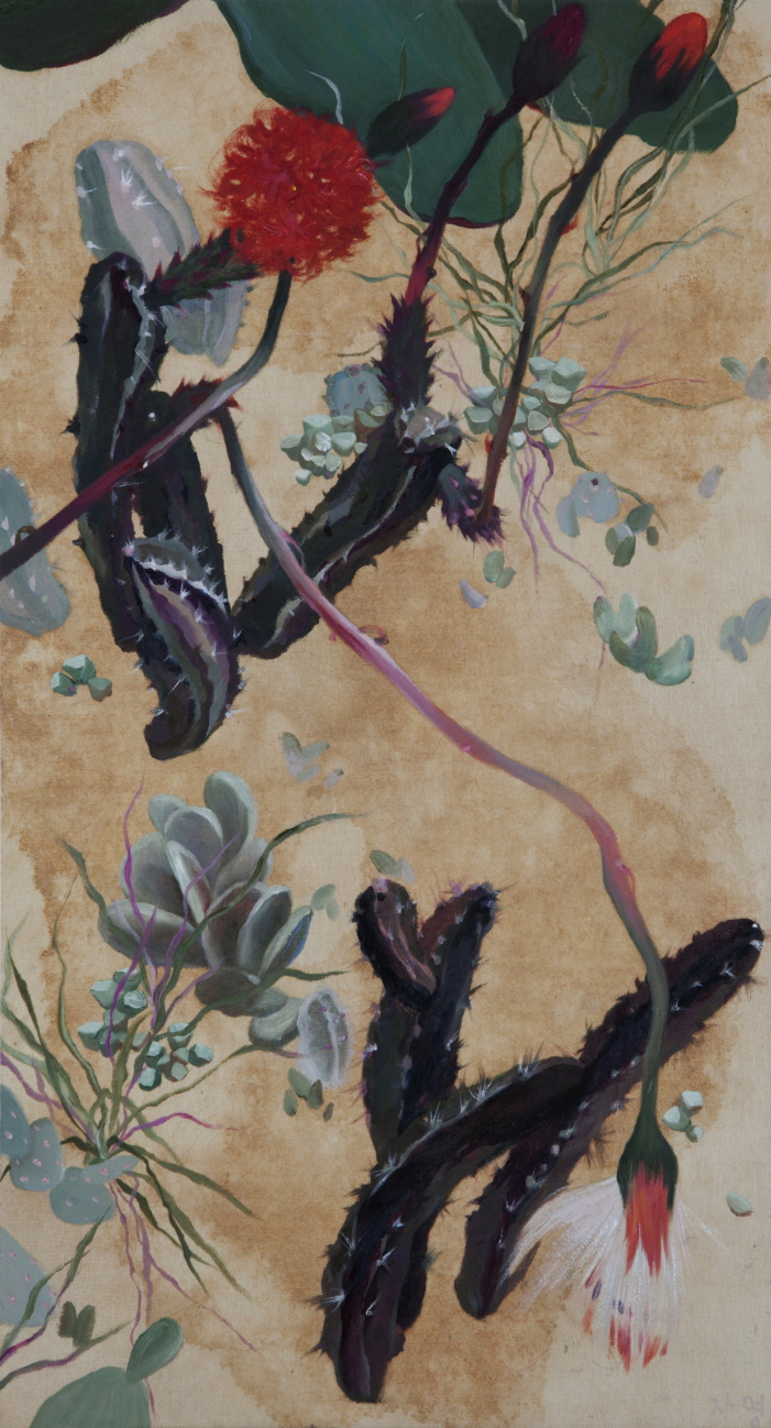고자영, 이동식정원90, 2016, 옻칠한지에 유화, 50x27cm