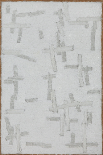 Conjunction 2000-1-4, Oil on and pushed from back of hemp cloth, 180x120cm, 2000